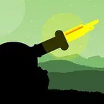 En silhuett av en kanon mot en grön himmel med berg i bakgrunden och en sol samt en gul explosionseffekt
