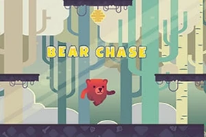 Ett rött tecknat björn hoppar genom en skog med stora träd och en bikaka synlig ovanför, tillsammans med texten Bear Chase