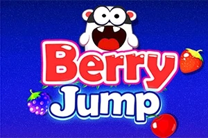 Texten Berry Jump med en tecknad figur ovanför mot en blå bakgrund, omgiven av olika bär