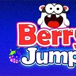 Texten Berry Jump med en tecknad figur ovanför mot en blå bakgrund, omgiven av olika bär