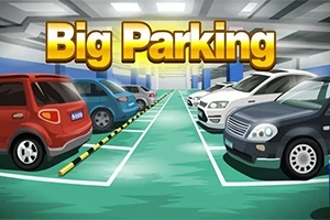 Flera bilar parkerade i en underjordisk parkeringsplats med texten Big Parking i bakgrunden