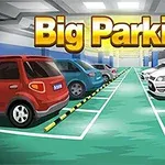 Flera bilar parkerade i en underjordisk parkeringsplats med texten Big Parking i bakgrunden