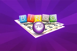 Färgglada bokstäver som stavar BINGO ovanpå en bingobricka med en lila boll märkt 75 mot en lila bakgrund