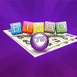 Färgglada bokstäver som stavar BINGO ovanpå en bingobricka med en lila boll märkt 75 mot en lila bakgrund