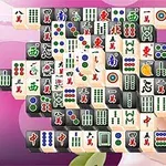 En bild av en bräda med mahjongbrickor i olika mönster och symboler mot en rosa bakgrund med blommotiv