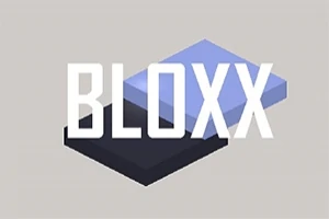 Texten BLOXX över två staplade rektangulära block, ett svart och ett blått, på en grå bakgrund