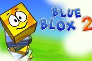 Ett stapel av färgglada, leende block bredvid texten Blue Blox 2 mot en blå och grön bakgrund