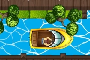 Gul motorbåt med förare på en smal blå kanal omgiven av träd och grönt gräs