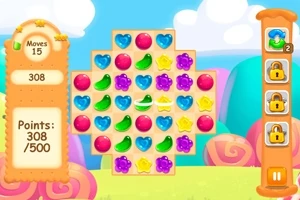 Ett färgglatt pusselspel med symboler som hjärtan och stjärnor på en spelfält, omgiven av en lekfull bakgrund och spelstatistik till vänster