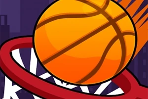 En tecknad basketboll i rörelse mot en korg på en lila bakgrund
