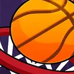 En tecknad basketboll i rörelse mot en korg på en lila bakgrund
