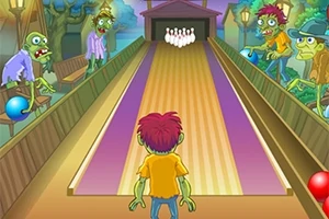 En tecknad bild av zombies som spelar bowling på en fantasibana omgiven av träd och gatlyktor