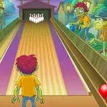 En tecknad bild av zombies som spelar bowling på en fantasibana omgiven av träd och gatlyktor