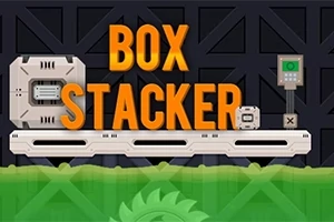 Texten BOX STACKER i orange visas ovanför en plattform med en stor och en liten låda, framför en mörk bakgrund och över en grön tandad cirkel