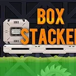Texten BOX STACKER i orange visas ovanför en plattform med en stor och en liten låda, framför en mörk bakgrund och över en grön tandad cirkel
