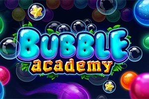 Texten Bubble Academy i färgglad stil omgiven av bubblor och stjärnor