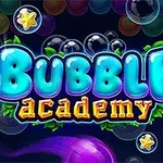 Texten Bubble Academy i färgglad stil omgiven av bubblor och stjärnor
