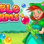 Tecknad karaktär i färgglada kläder håller i en blåsbubbla, omgiven av färgglada bubblor och träd i bakgrunden, med texten Bubble Charms i stora bokstäver