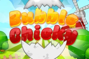 Färgglad text med orden Bubble Chicky över ett tecknat landskap med en kvarn och äggskal