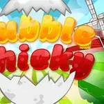 Färgglad text med orden Bubble Chicky över ett tecknat landskap med en kvarn och äggskal