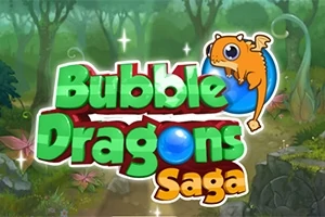Texten Bubble Dragons Saga i färgglada bokstäver med en liten orange drake som sitter på en blå bubbla, mot en bakgrund av en skog