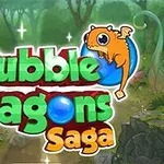 Texten Bubble Dragons Saga i färgglada bokstäver med en liten orange drake som sitter på en blå bubbla, mot en bakgrund av en skog