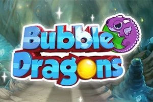 Logotyp med texten Bubble Dragons i blått och rött med en lila drake ovanpå och en gul bubbla, mot en fantasifull bakgrund