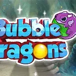 Logotyp med texten Bubble Dragons i blått och rött med en lila drake ovanpå och en gul bubbla, mot en fantasifull bakgrund