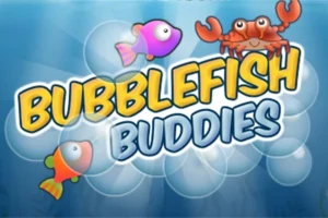 Texten Bubblefish Buddies med tecknade fiskar och en krabba mot en blå bakgrund med bubblor