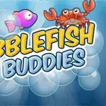 Texten Bubblefish Buddies med tecknade fiskar och en krabba mot en blå bakgrund med bubblor