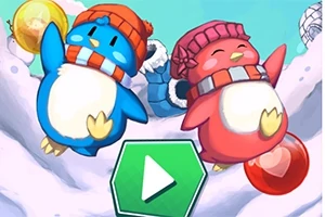 Två tecknade pingviner med mössor leker i snön, en blå och en röd, med en grön spelknapp nedanför