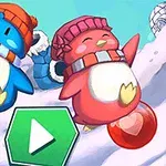 Två tecknade pingviner med mössor leker i snön, en blå och en röd, med en grön spelknapp nedanför