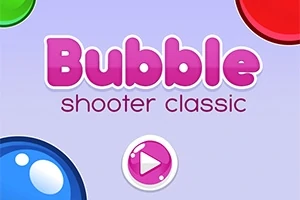 Texten Bubble shooter classic i rosa och rött på en ljuslila bakgrund med färgade bubblor i hörnen och en rosa play-knapp i mitten