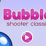 Texten Bubble shooter classic i rosa och rött på en ljuslila bakgrund med färgade bubblor i hörnen och en rosa play-knapp i mitten