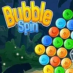 Färgglada bubblor med symboler arrangerade i en cirkel mot en mörk bakgrund, med texten Bubble Spin i övre vänstra hörnet