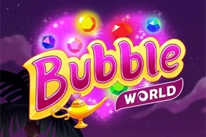 Texten Bubble World i färgglada bokstäver med gnistrande juveler och en magisk lampa mot en lila bakgrund