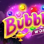 Texten Bubble World i färgglada bokstäver med gnistrande juveler och en magisk lampa mot en lila bakgrund