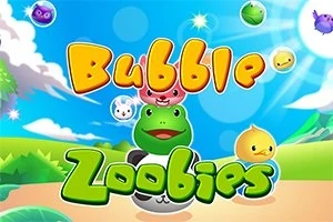 Färgglad illustration med tecknade djur och bubblor på en blå himmel, med texten Bubble Zoobies i mitten