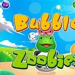 Färgglad illustration med tecknade djur och bubblor på en blå himmel, med texten Bubble Zoobies i mitten
