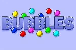 Texten BUBBLES i stora bokstäver omgiven av färgglada bubblor på en ljusblå bakgrund