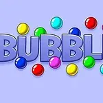 Texten BUBBLES i stora bokstäver omgiven av färgglada bubblor på en ljusblå bakgrund