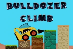 En gul bulldozer klättrar över block av olika material med texten Bulldozer Climb ovanför