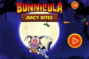 Tecknad kanin med vampyrtänder håller en morot framför en stor fullmåne med texten Bunnicula och Juicy Bites ovanför
