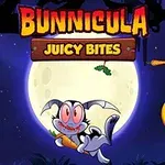 Tecknad kanin med vampyrtänder håller en morot framför en stor fullmåne med texten Bunnicula och Juicy Bites ovanför