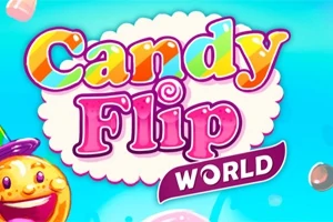Färgglad text som säger Candy Flip World mot en blå bakgrund med ett leende godis