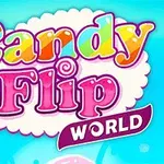 Färgglad text som säger Candy Flip World mot en blå bakgrund med ett leende godis
