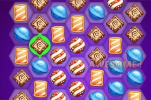 Färgglada godisbitar i olika mönster på en hexagonformad spelbräda med texten AWESOME!