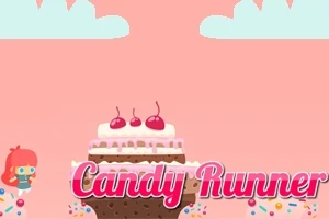 Tecknad karaktär med rött hår bredvid en stor tårta med körsbär, mot en rosa himmel med moln och texten Candy Runner