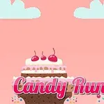 Tecknad karaktär med rött hår bredvid en stor tårta med körsbär, mot en rosa himmel med moln och texten Candy Runner