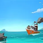 En tecknad bild av ett krigsfartyg som närmar sig en havsmina i ett blått hav med klar himmel